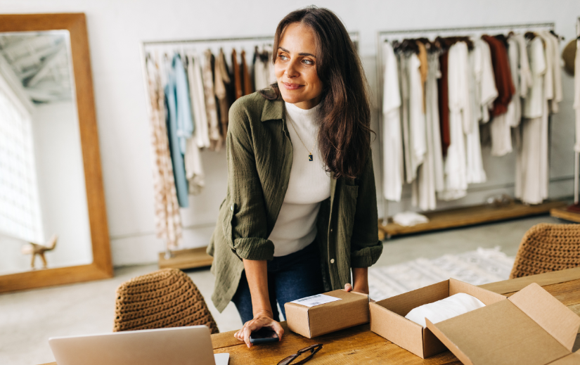 Entrepreneur packaging orders in a boutique, highlighting branding with AI for modern eCommerce success.